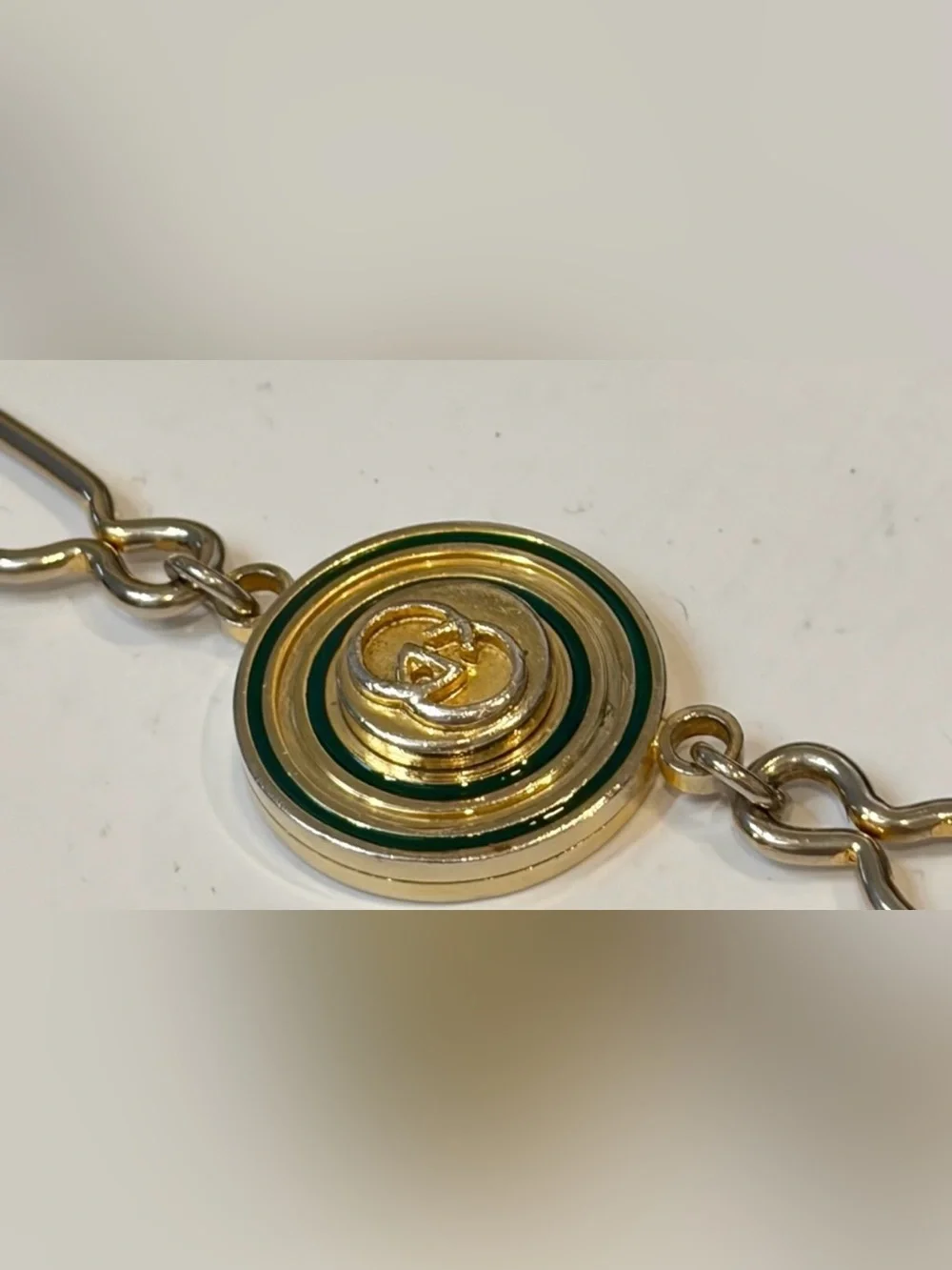 Vtg. GUCCI Horse-bit Green & Gold Round Enamel Keychain